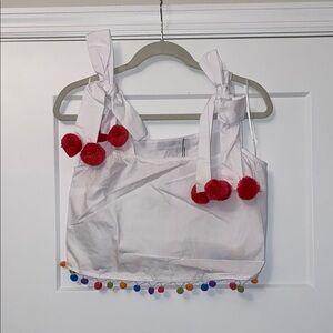 White Top with Pink Pom Poms and Colorful Trim